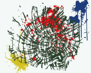 An abstract work, a blast of streamers exploding into bright red, blue and yellow splashes