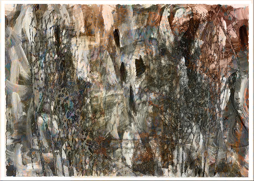 abstract expressionist of parched bushland and overgrowth painting with both a mild sheen and matt layer