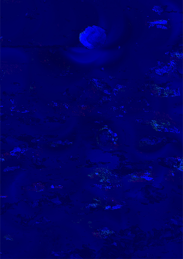 a preponderance of blue in this work, because a blue moon is said to be associated with women's mysteries and intuition; and a time of heightened clarity