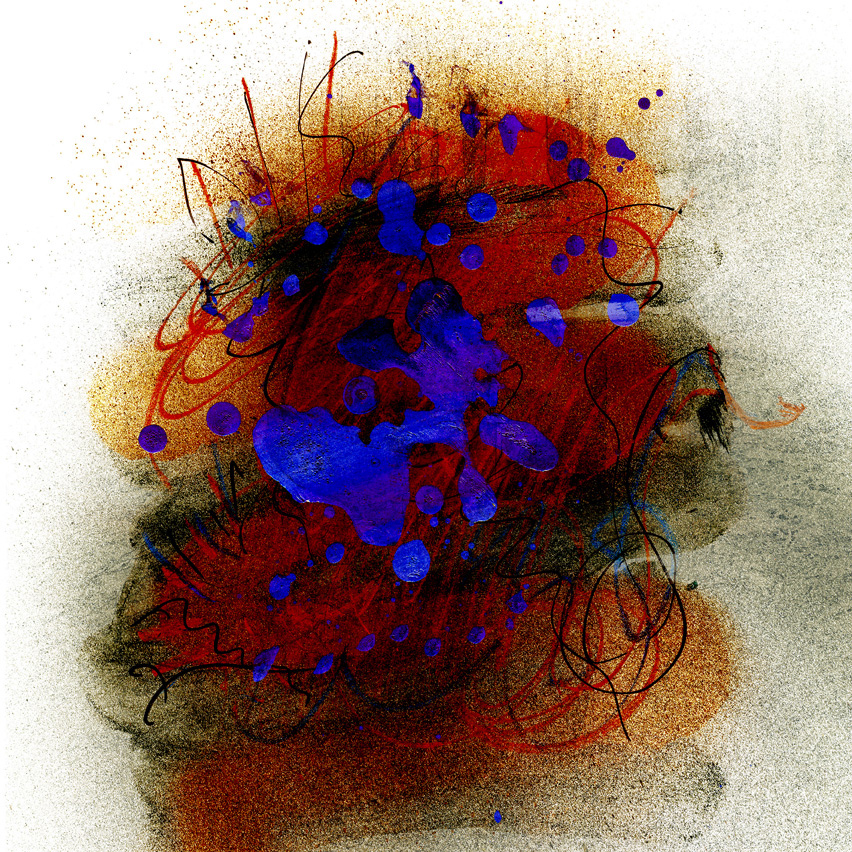 A lyrical, pure abstract, drawn in orange, red and black over a spattered, grunge background, with blue paint blobs.