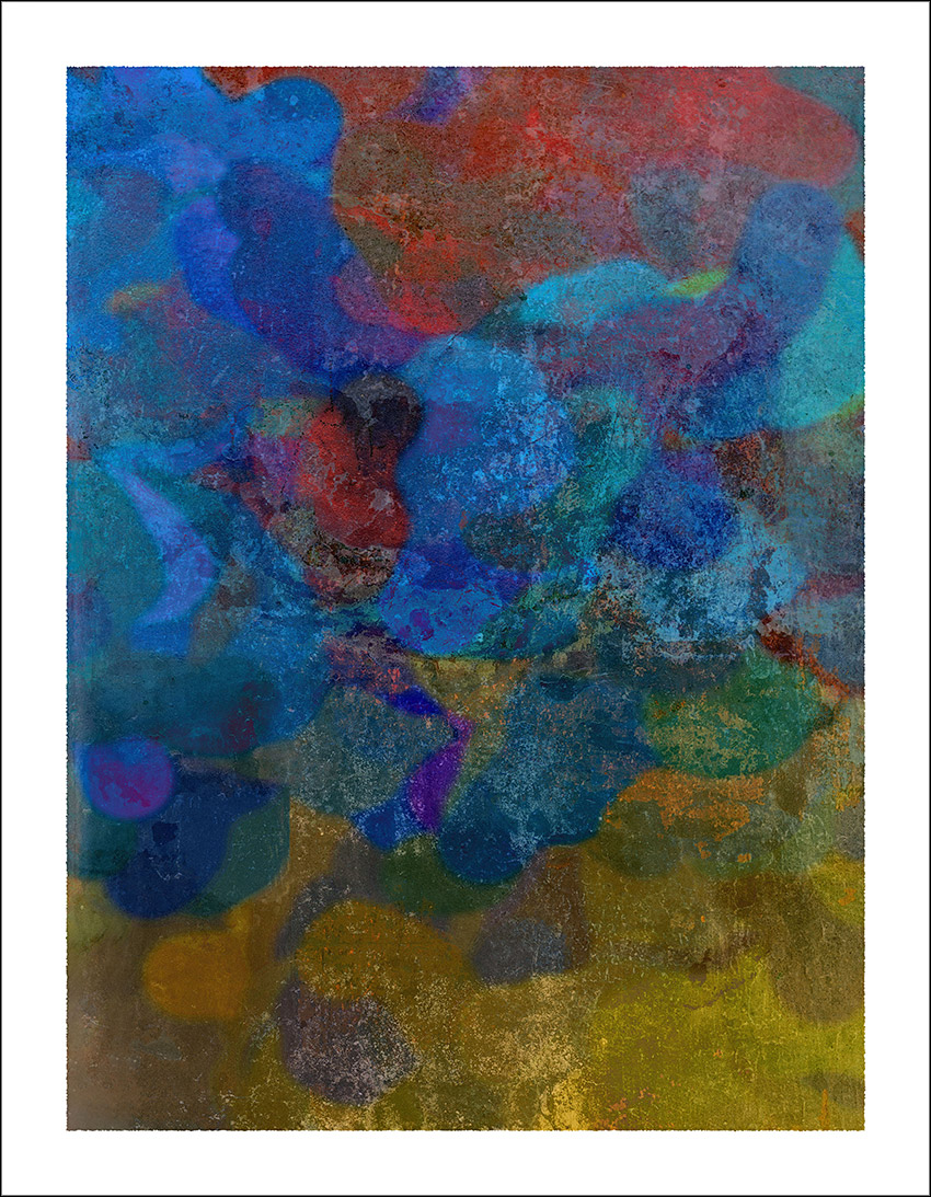 abstract of colours, layered over the somewhat worn-velvet like texture effect