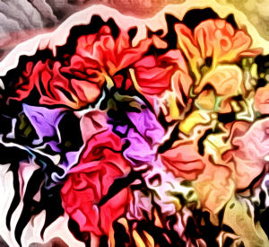 An impressionist rendition a floral bouquet, mostly in red tones.
