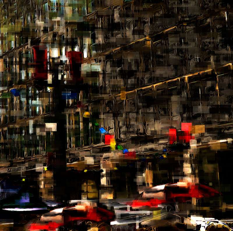 An expressionist work, a night time scene of a city street and buildings