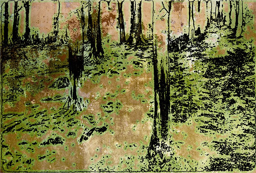 Impressionist work, the re-growth of a forest after a fire in green, brown and black