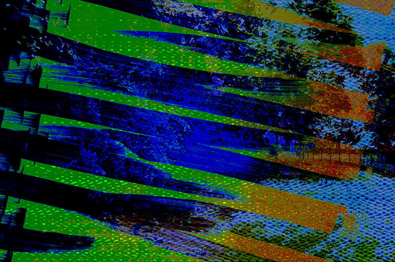A lyrical abstract work, vivid blue. green and orange stripes with a lacy textured overlay