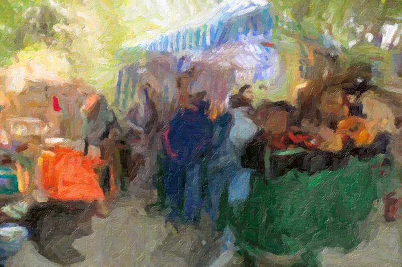 An impressionist work of a colourful market stand